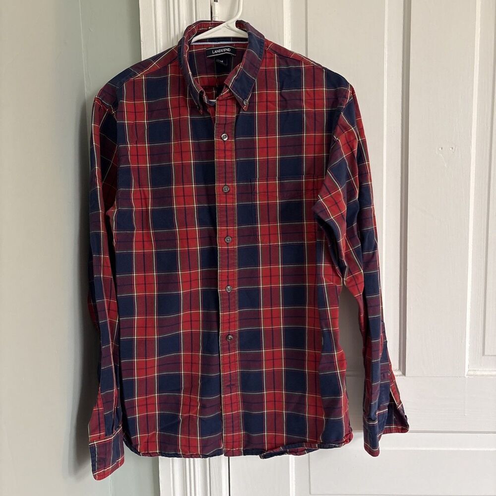 Lands End‎ Shirt Mens Medium 15-15.5 Red Blue Plaid Flannel Traditional Fit